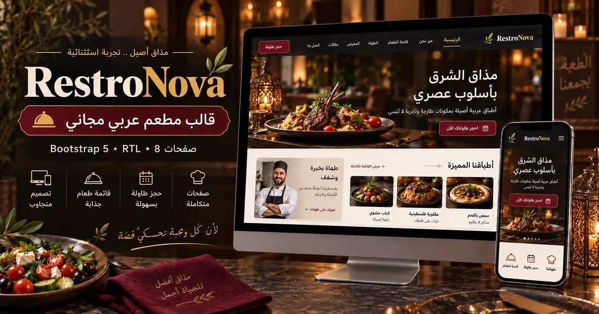 RestroNova – قالب مطعم عربي مجاني Bootstrap 5 بتصميم RTL